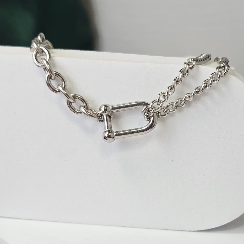 Horsebit Buckle Link Bracelet Stainless Steel Double Chain Equestrian Shackle